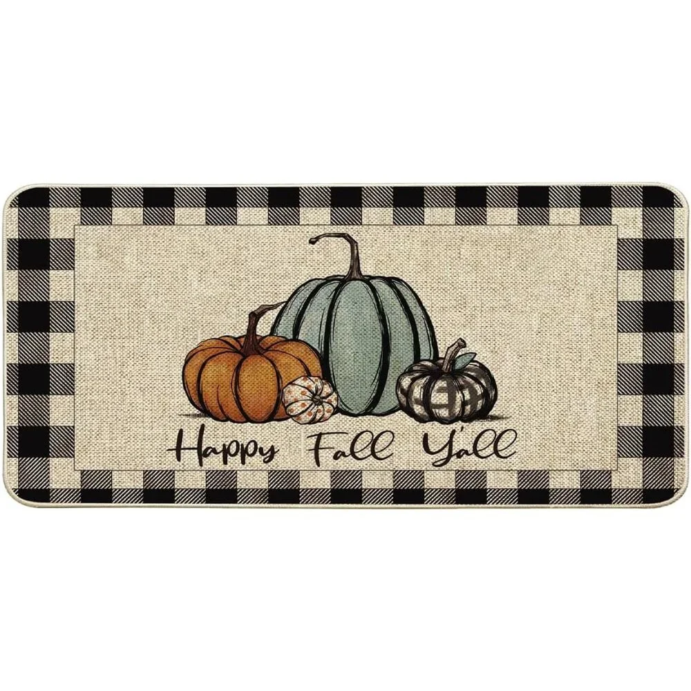 Happy Fall Y'all Blue Buffalo Plaid Pumpkin Doormat - 17x36 in Non-Slip Elegance
